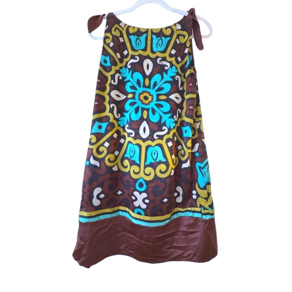Hale Bob Mini Dress Brown Boho Tie Shoulder Silk Blend‎ Medallion Print Medium